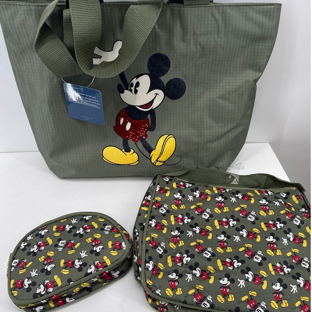 Disney Mickey Mouse 3 Piece Travel Tote Bag Crossbody Pouch Set Olive Green New